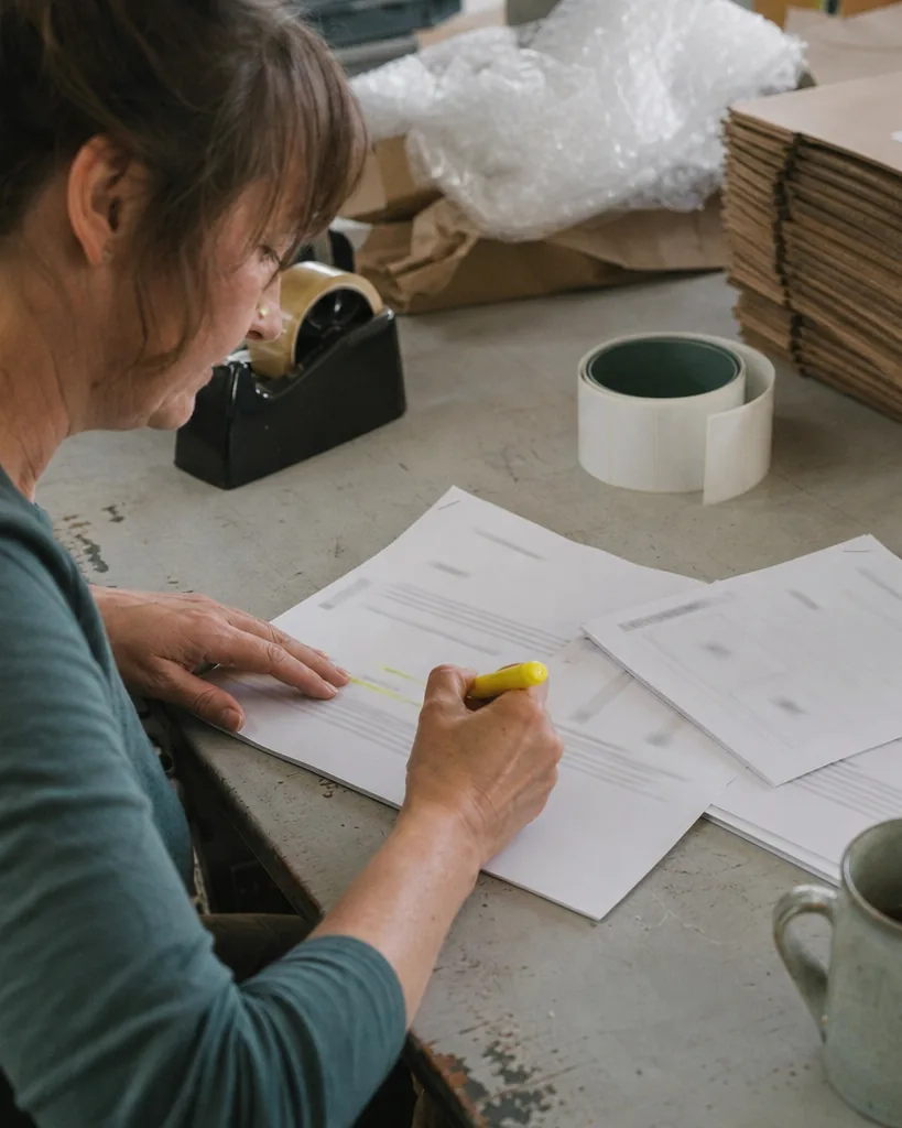 Hands of an online store owner marking a printed proposal with a highlighter on a packing table