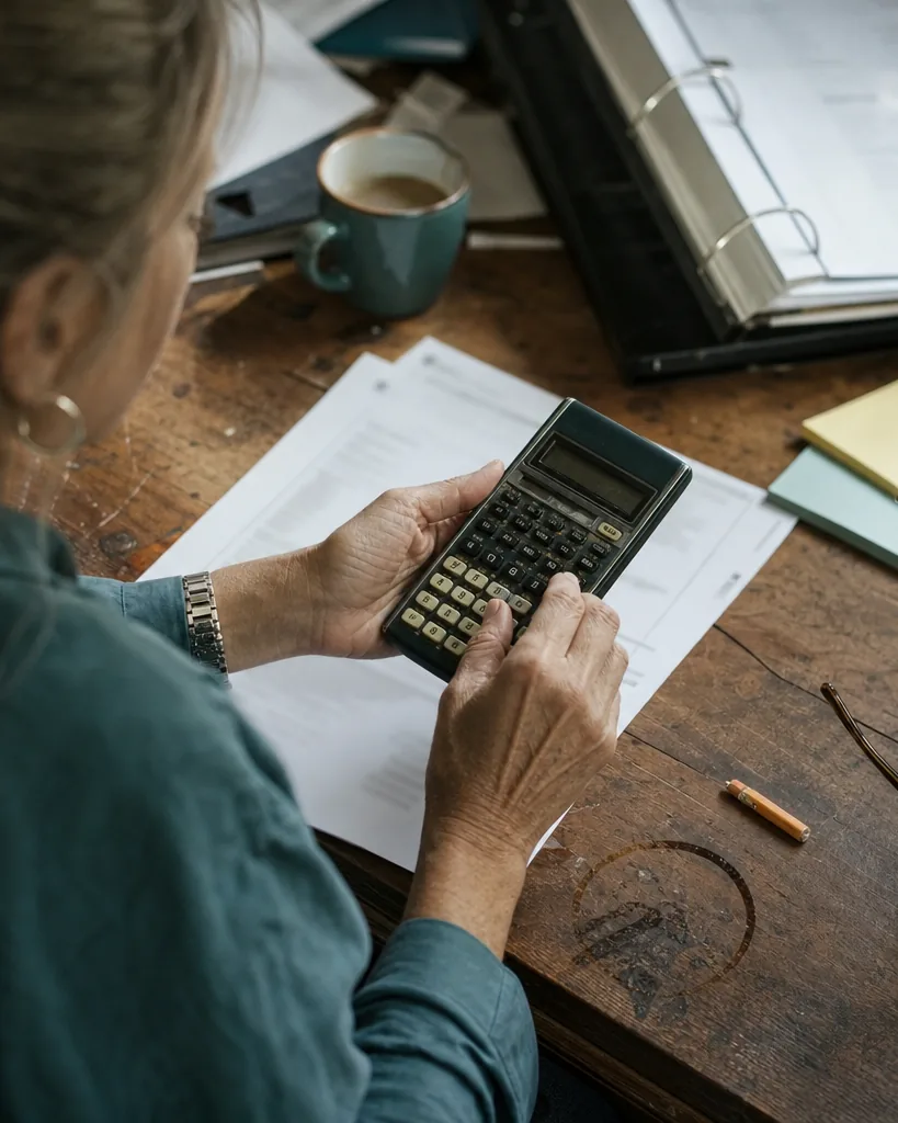 Hands holding a pocket calculator over two stapled quotes on a cluttered desk