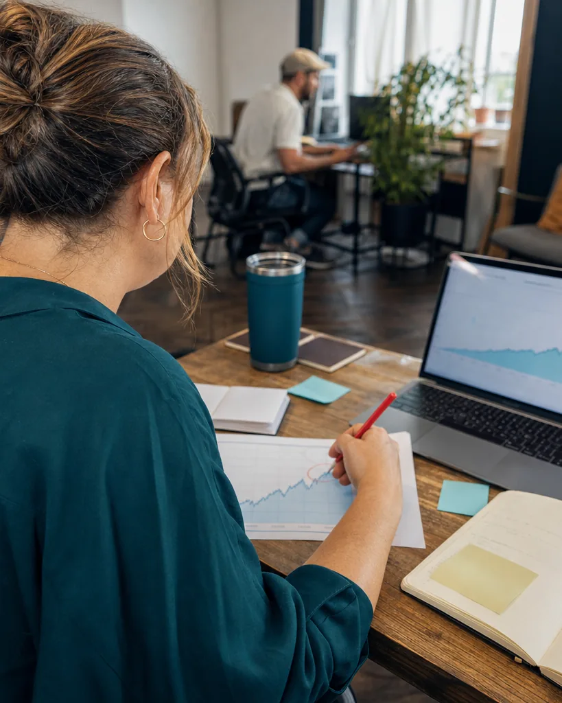 Marketing lead marking up a printed organic revenue chart next to a laptop with a rising graph
