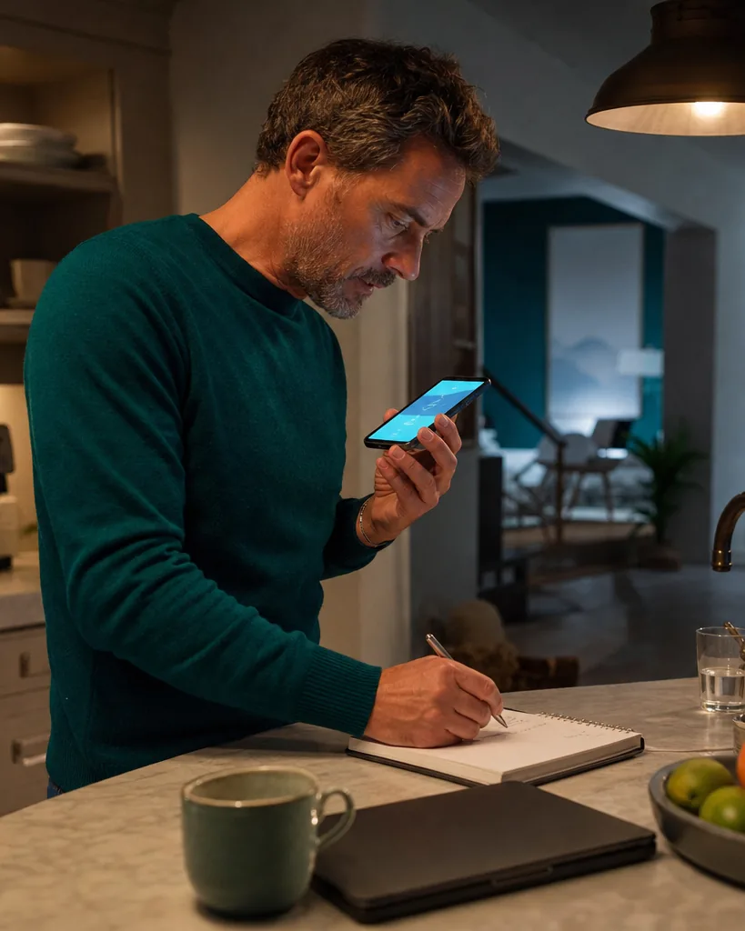 Founder asking an AI assistant about vendors on a phone while taking notes