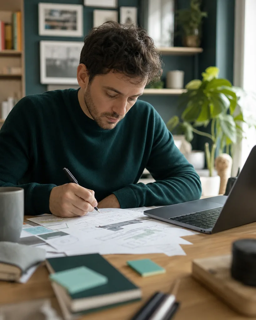Strategist writing a content brief at a desk with printed notes