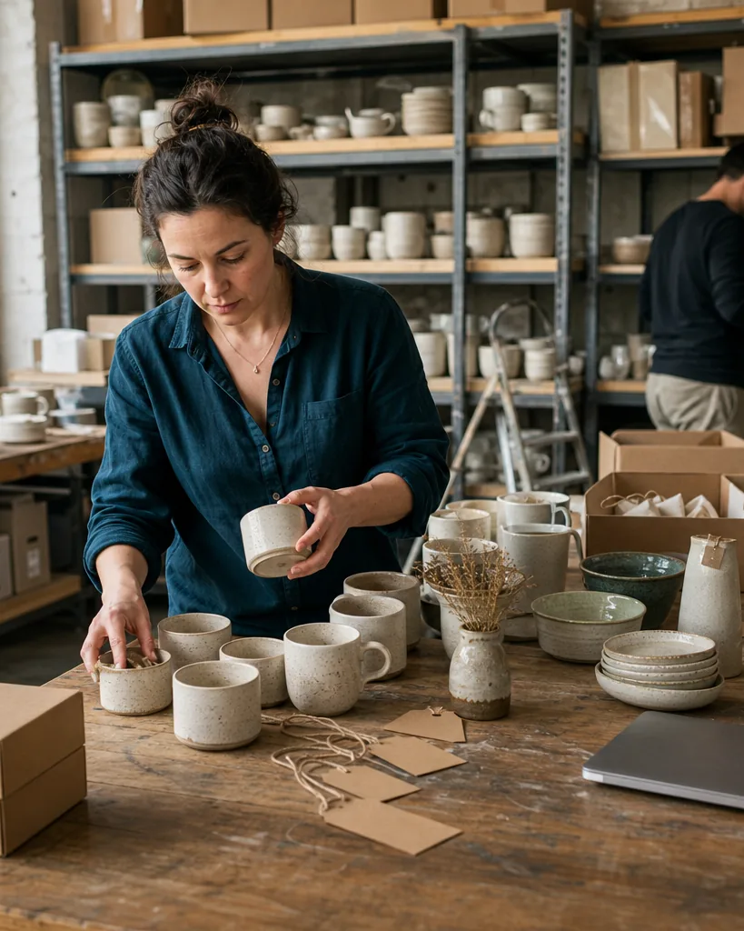 Ecommerce manager sorting handmade ceramic products into category groups in a stockroom