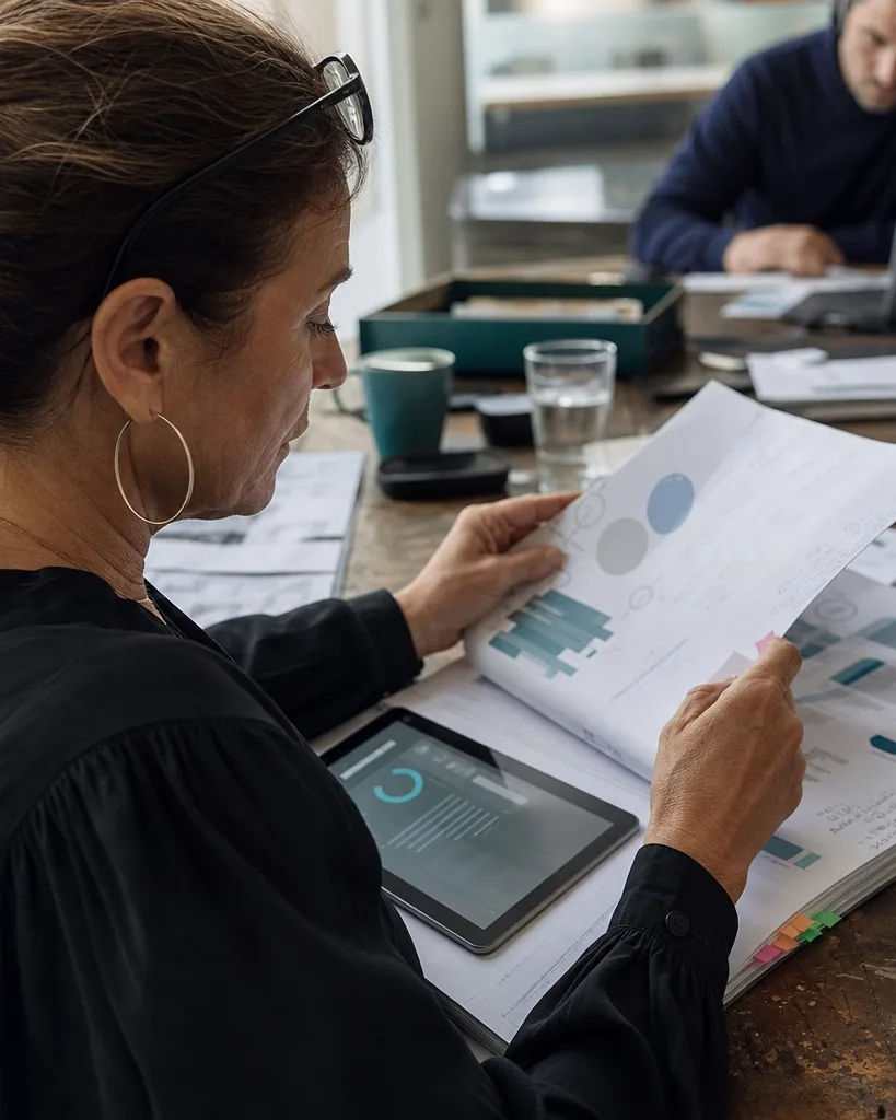 Marketing director annotating a printed monthly SEO report at a cluttered meeting table