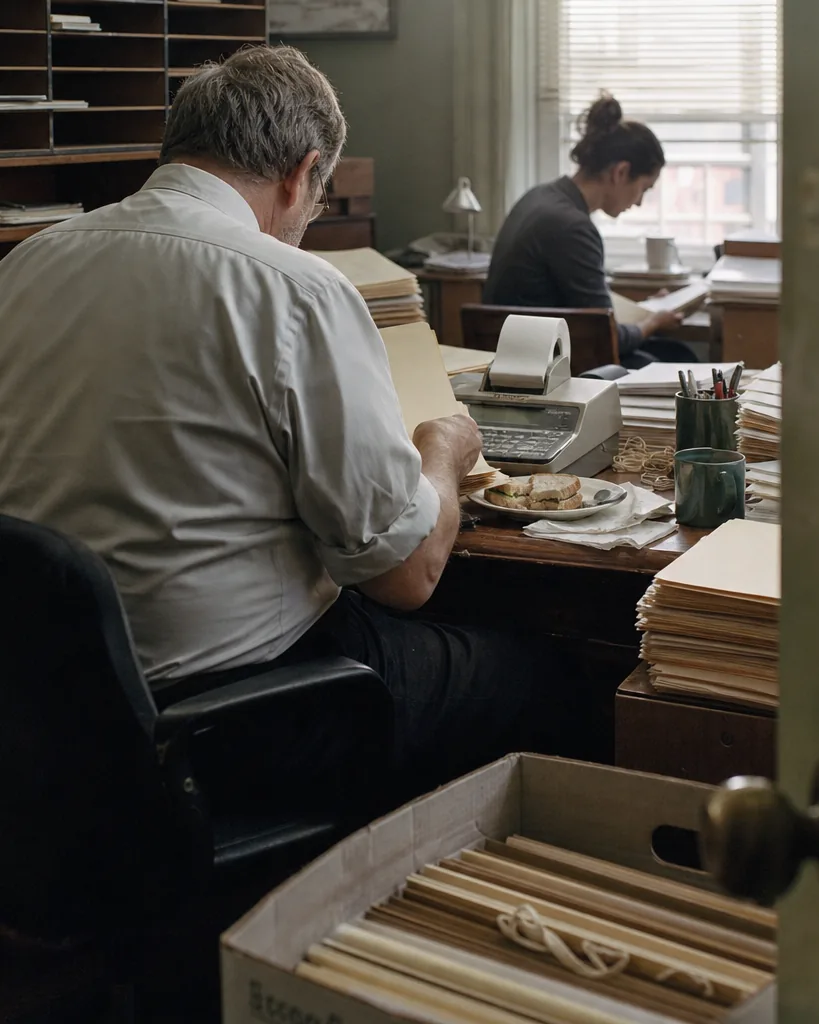 Accountant sorting client tax folders at a cluttered desk with an adding machine and paper tape