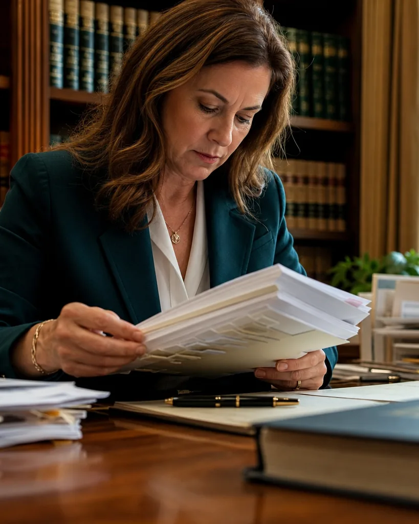 Professional reviewing a printed document at a desk in an office with bookshelves