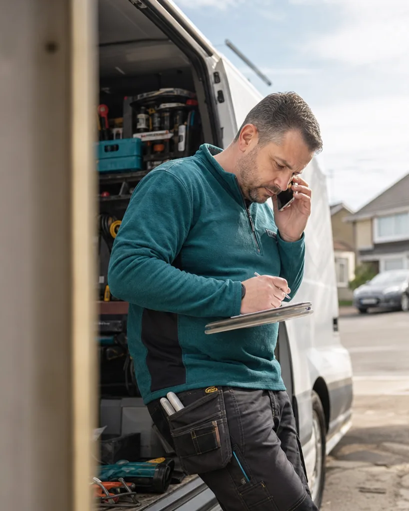 Home services owner taking a customer call next to his van