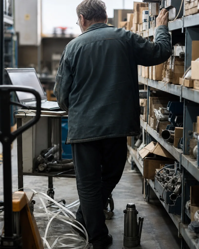 Parts distributor checking a shelf of boxed stock against an open laptop in a warehouse aisle