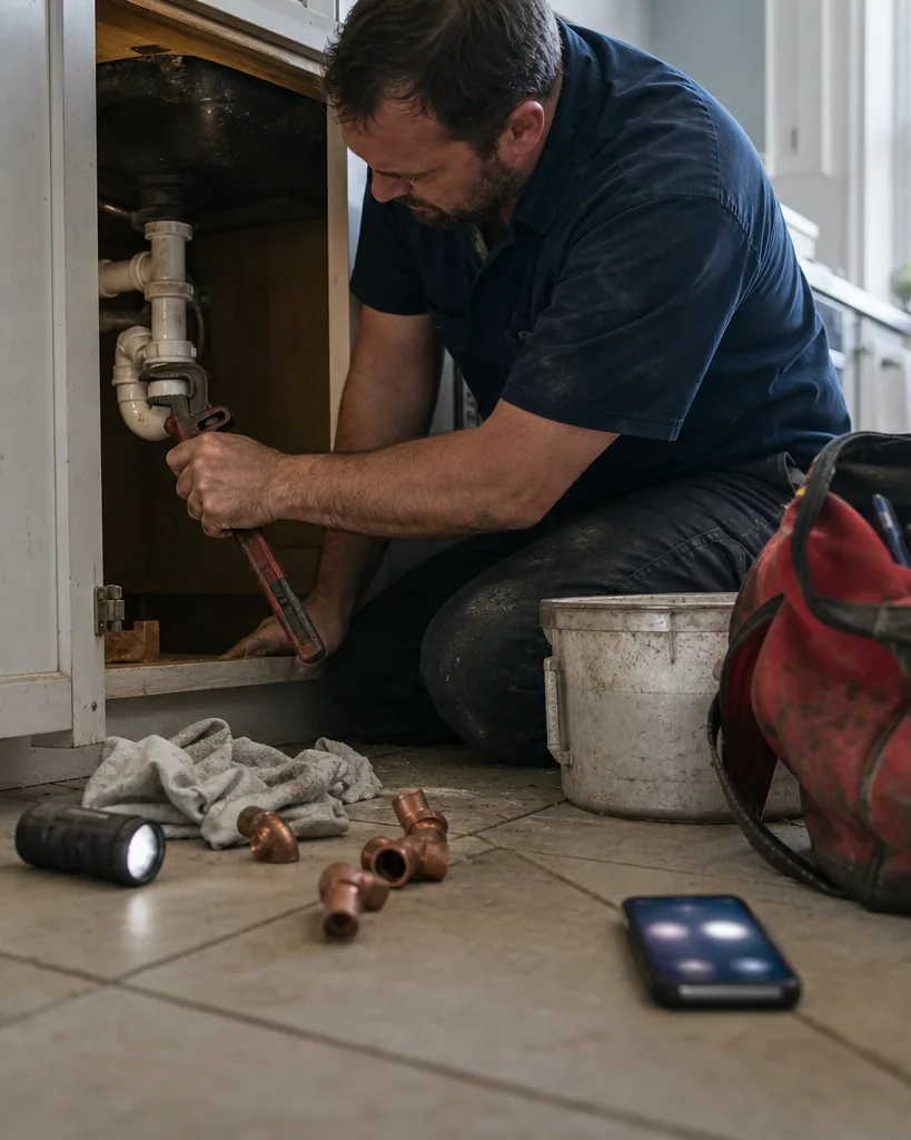 Plumber kneeling under a kitchen sink with a pipe wrench while a phone lights up on the floor beside his toolbag