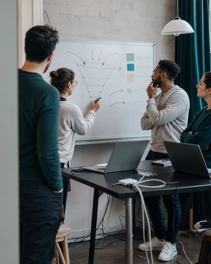 SaaS growth team at a standup around a whiteboard of metrics