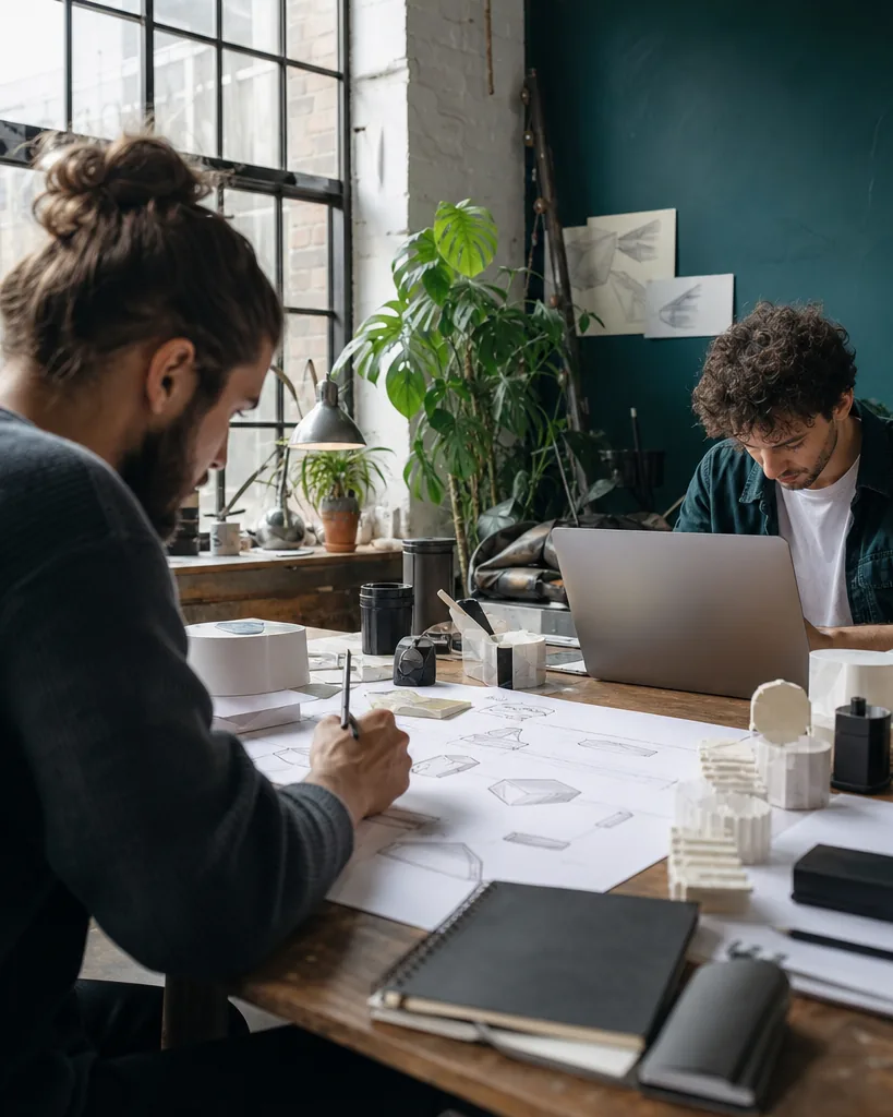 Startup founders working at a cluttered table in a loft