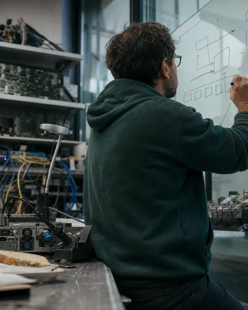 Engineer at a software company drawing a site structure diagram on a glass wall next to racks of test hardware