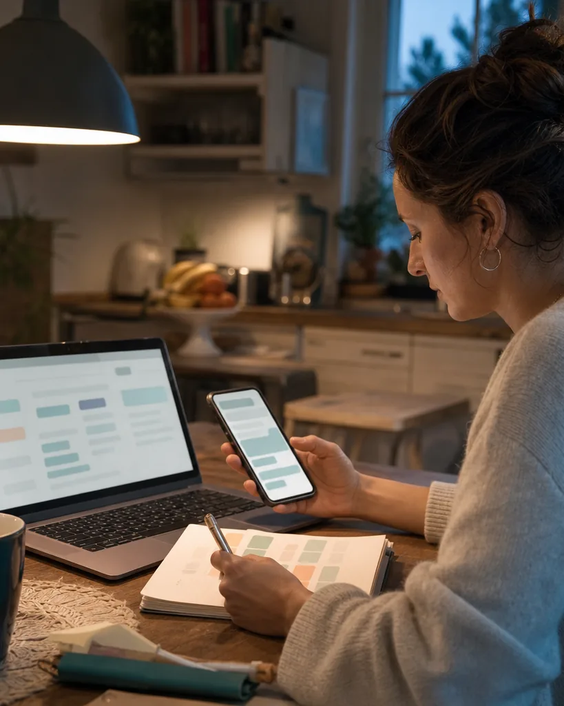 Marketer comparing an AI assistant answer on a phone with search results on a laptop