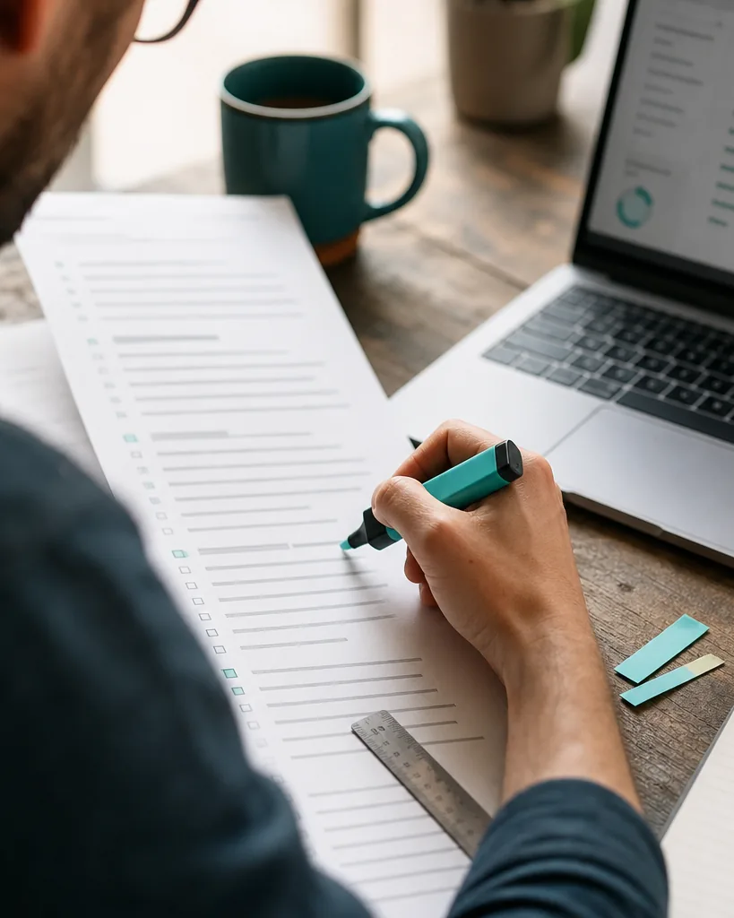 Analyst ticking items on a printed website audit checklist
