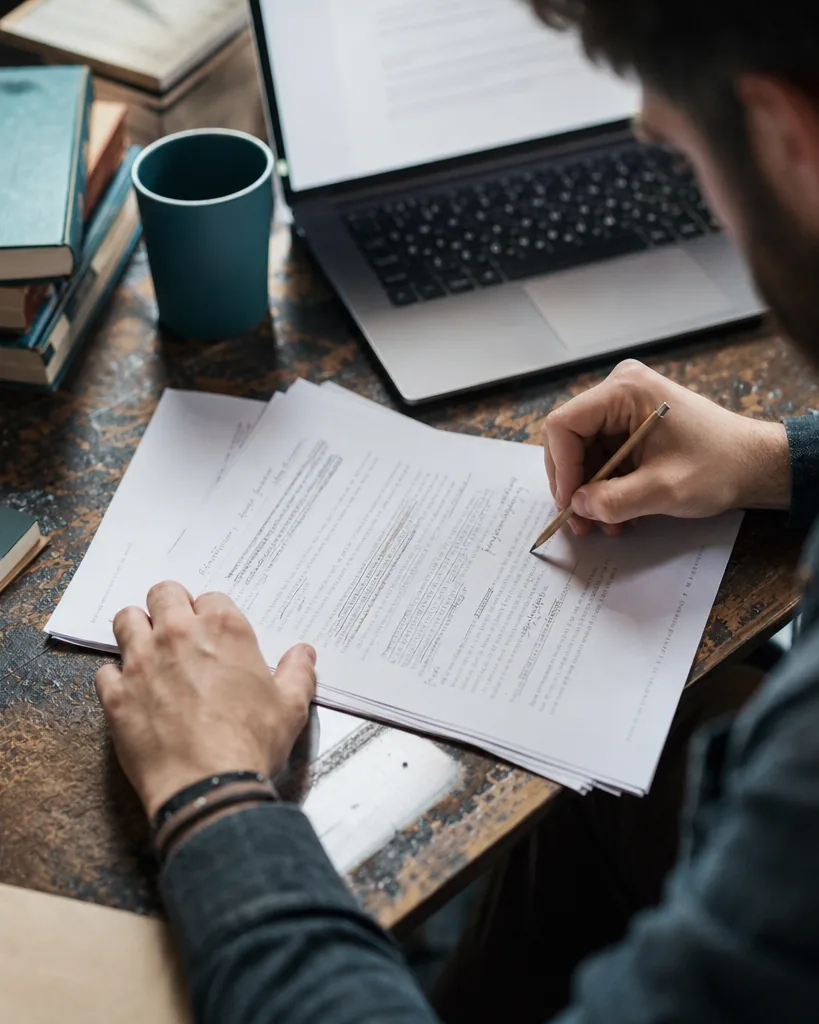 Content writer editing a printed draft with a pencil