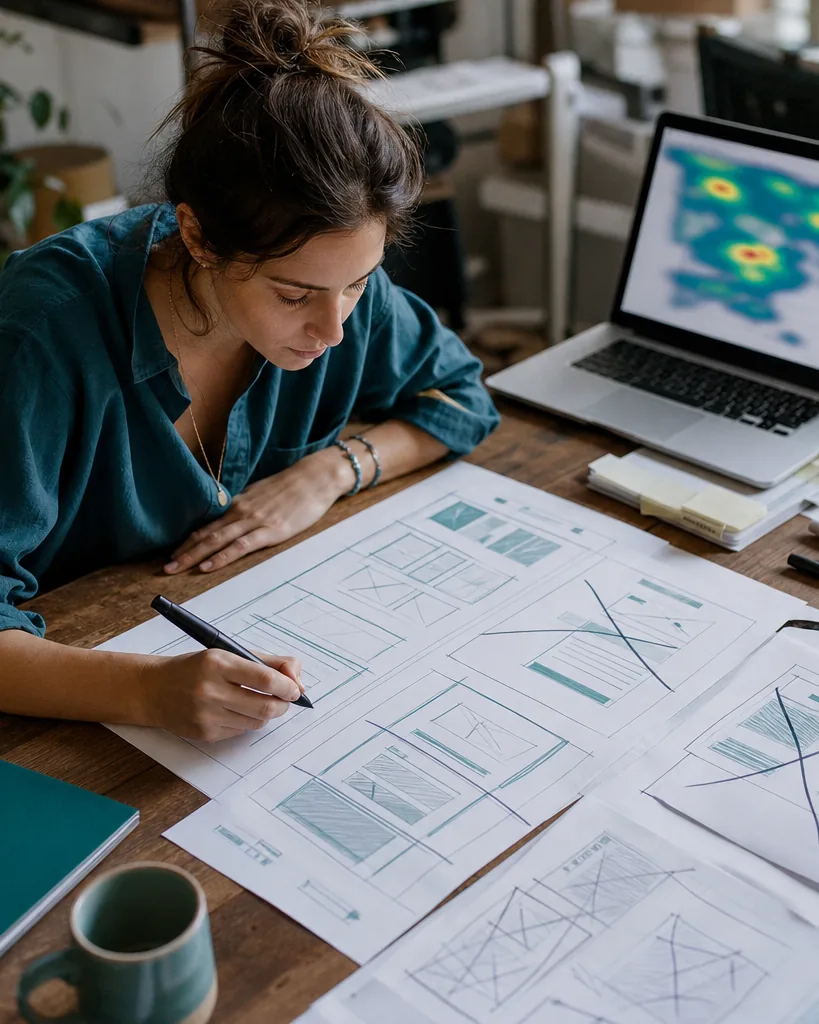 Designer sketching page wireframes on paper next to a laptop