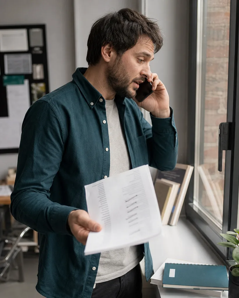 Digital PR specialist on a phone call pitching a story, standing by a window