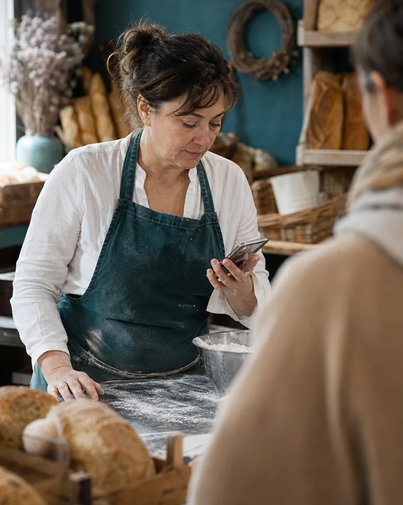 Bakery owner checking her map listing on a phone at the shop counter