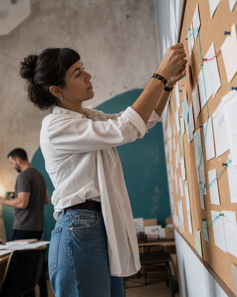 SEO strategist mapping a quarterly roadmap with index cards on a wall