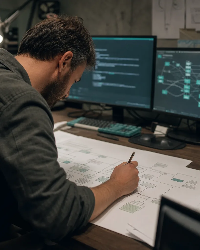 Technical SEO specialist tracing a site crawl diagram on paper next to two monitors